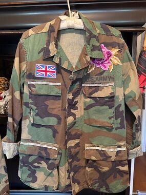 Embellished Camo Military Jacket with Floral Patch
